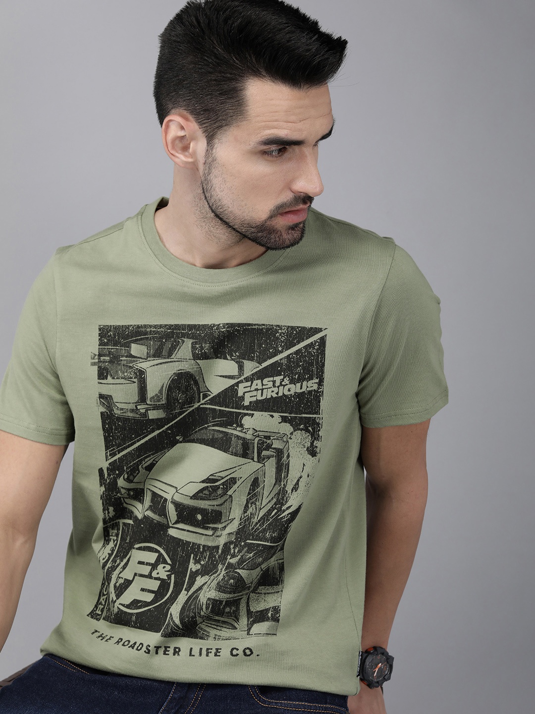 

Roadster Fast and Furious Men Olive Green Graphic Printed Pure Cotton T-shirt