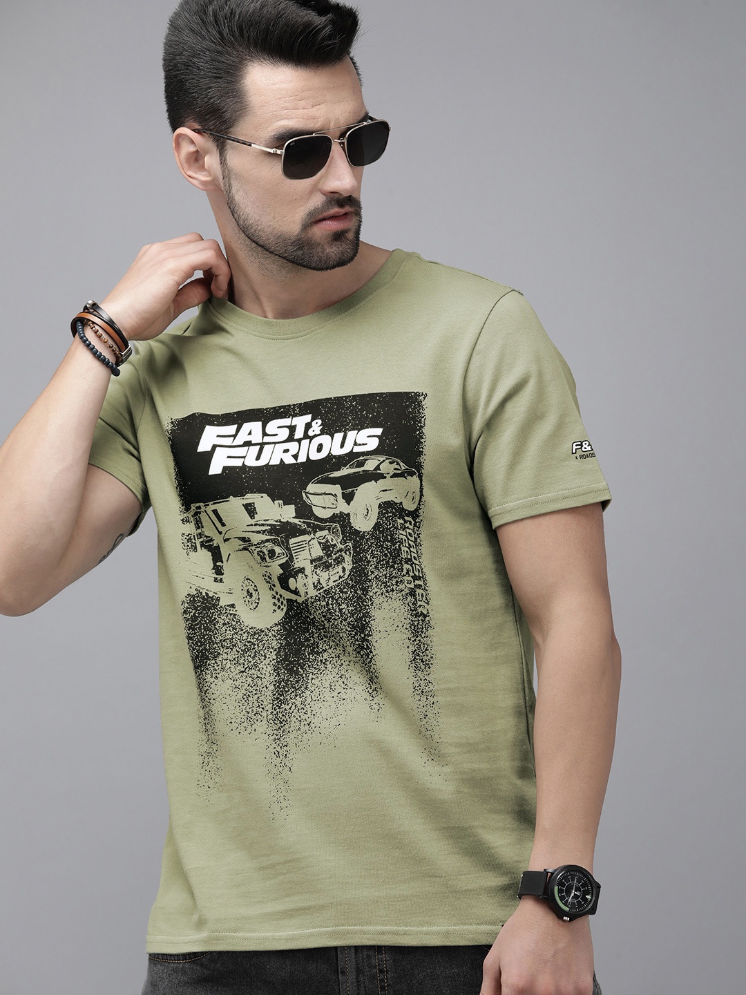 

Roadster Fast and Furious Men Sage Green & Black Graphic Printed Pure Cotton T-shirt