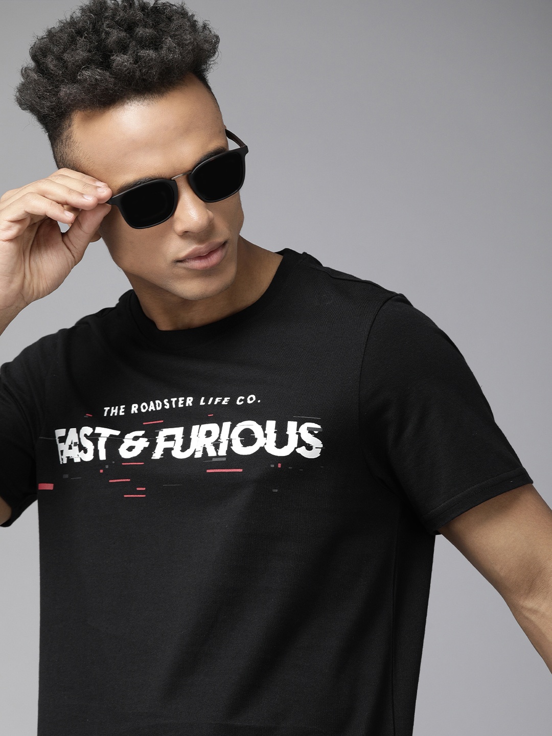 

Roadster Fast and Furious Men Black & White Brand Logo Printed Pure Cotton T-shirt