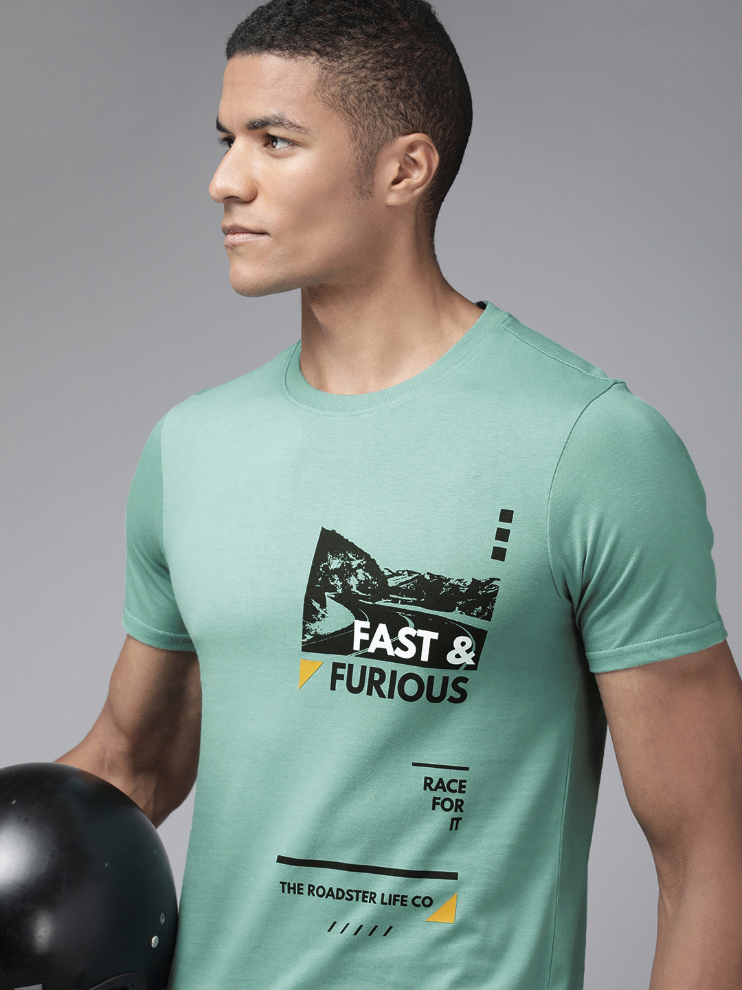 

Roadster Fast and Furious Men Blue & Black Brand Logo Printed Pure Cotton T-shirt