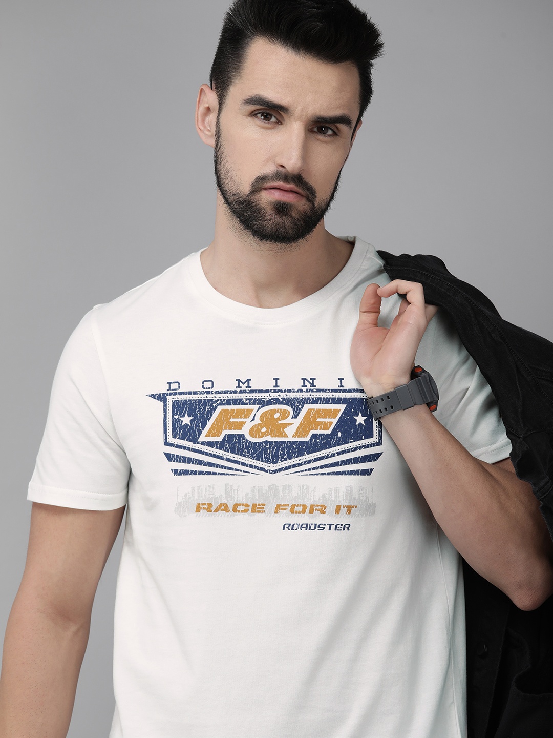 

Roadster Fast and Furious Men White & Blue Brand Logo Printed Pure Cotton T-shirt