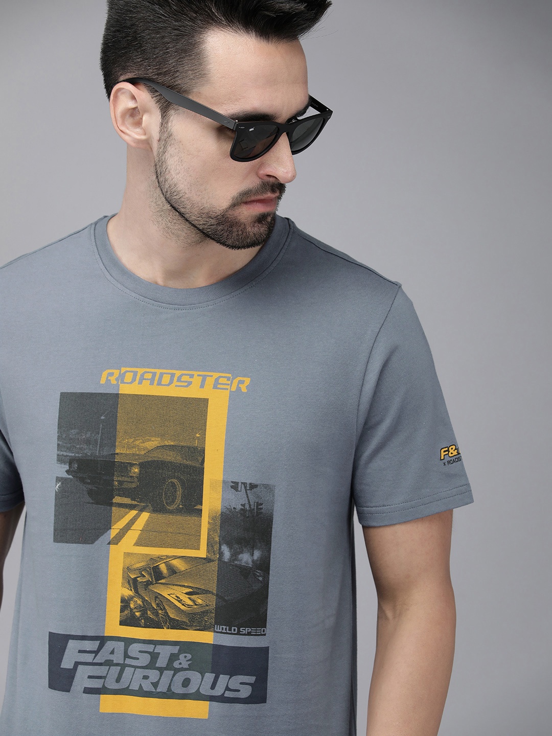 

Roadster Fast and Furious Men Grey & Yellow Brand Logo Printed Pure Cotton T-shirt
