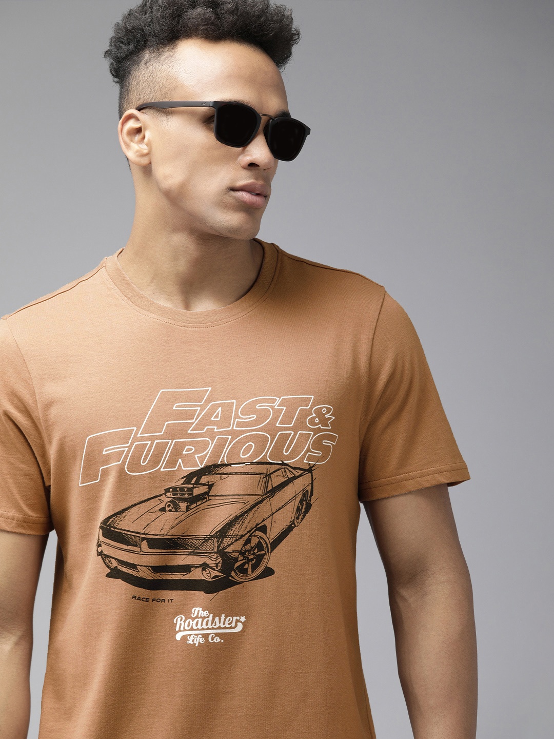 

Roadster Fast and Furious Men Brown & Black Brand Logo Pure Cotton Printed T-shirt