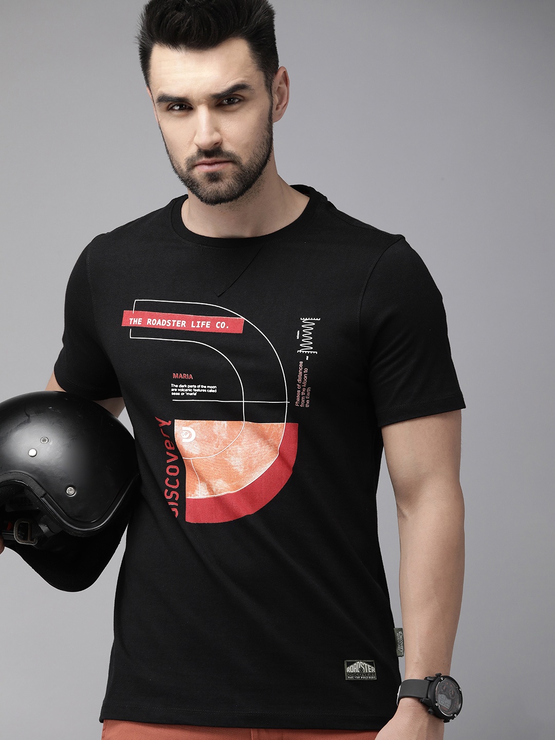 

Roadster x Discovery Adventures Men Black Graphic Cotton T-shirt with Healthguard Finish