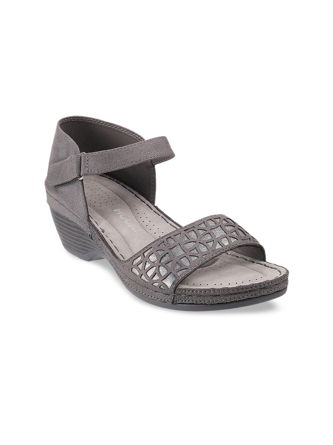 

Mochi Grey Textured Wedge Sandals with Laser Cuts