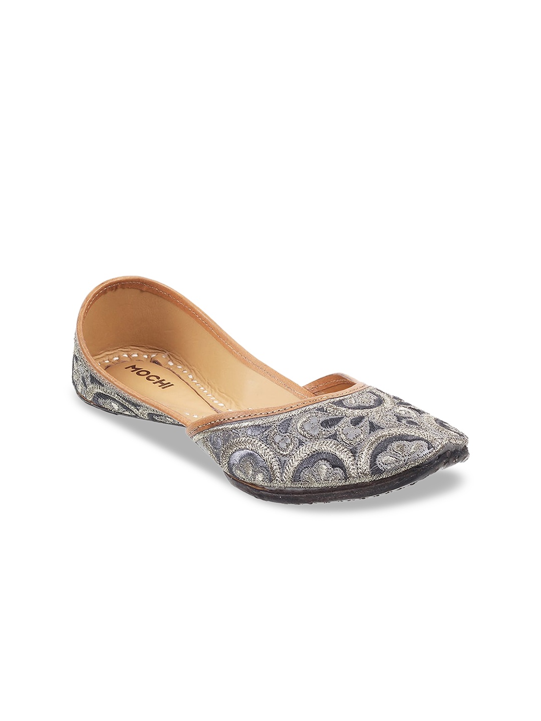 

Mochi Women Grey Printed Mojaris with Embroidered Flats