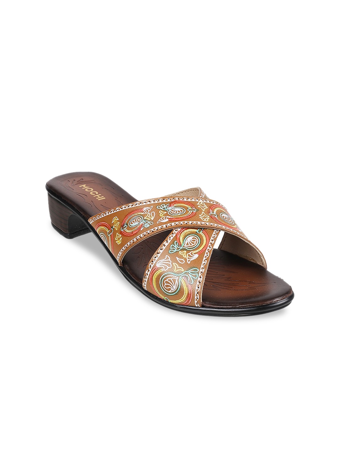 

Mochi Beige Printed Leather Block Sandals