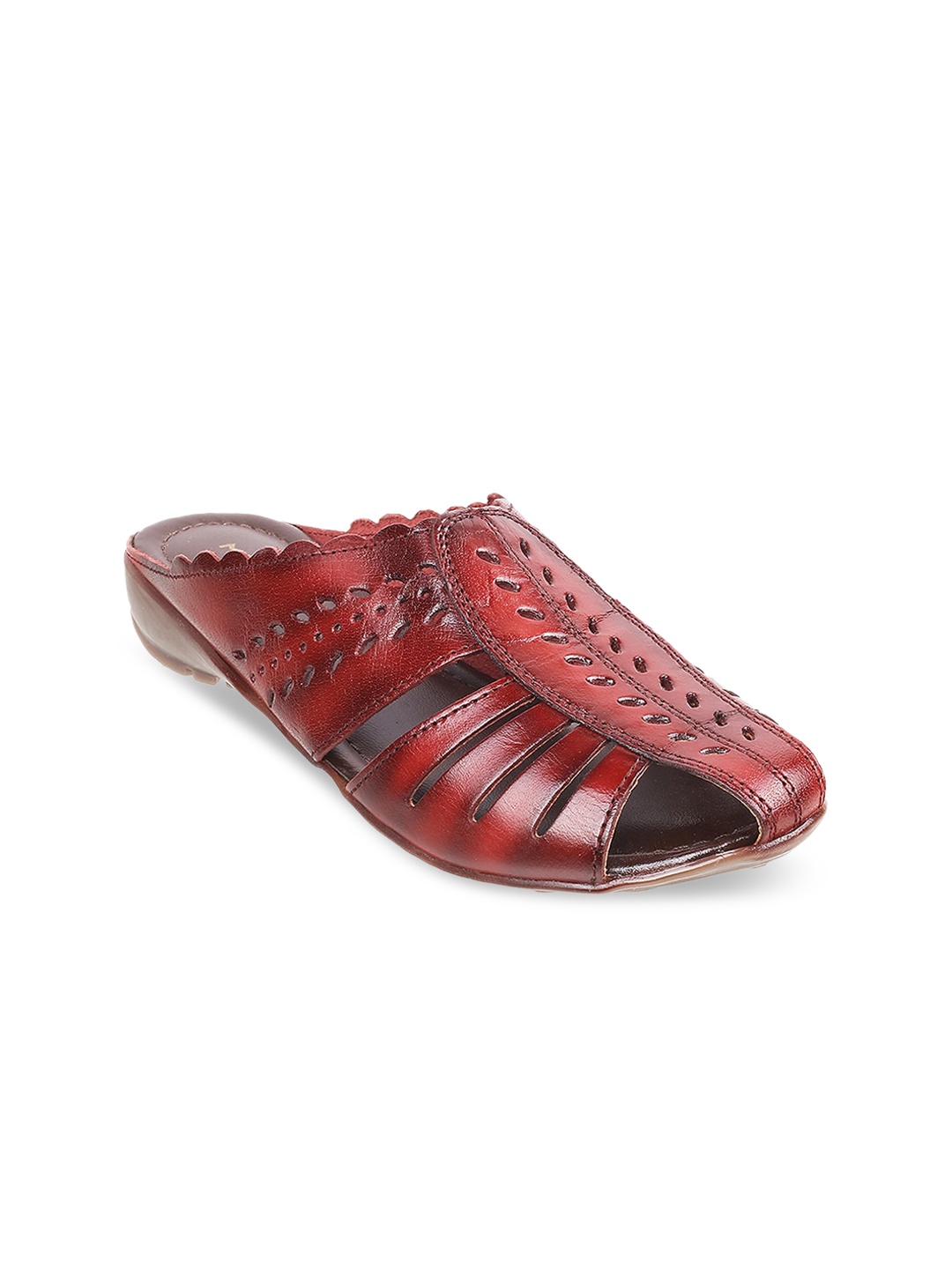 

Mochi Women Maroon Textured Open Toe Flats with Laser Cuts