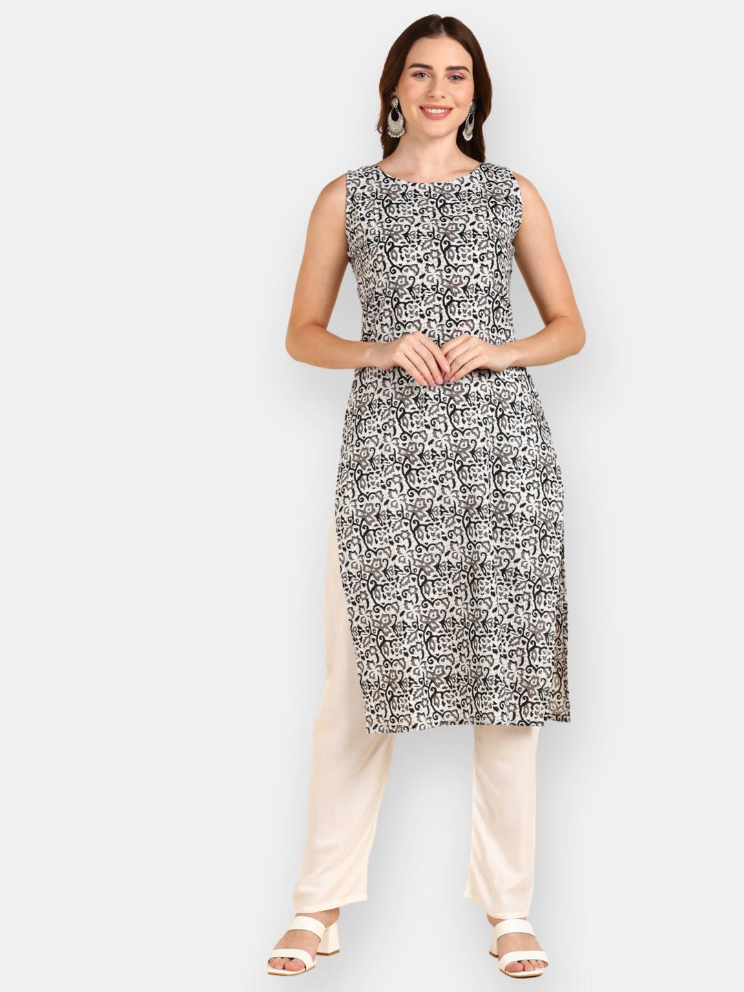 

VEDANA Women White & Black Floral Printed Kurta