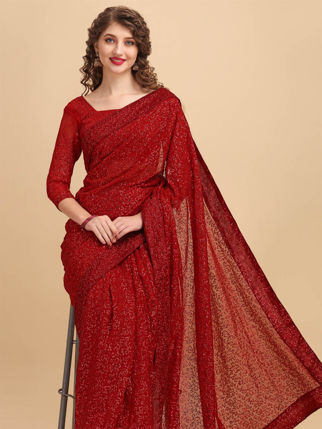

Sangria Maroon Embellished Sequinned Pure Georgette Saree