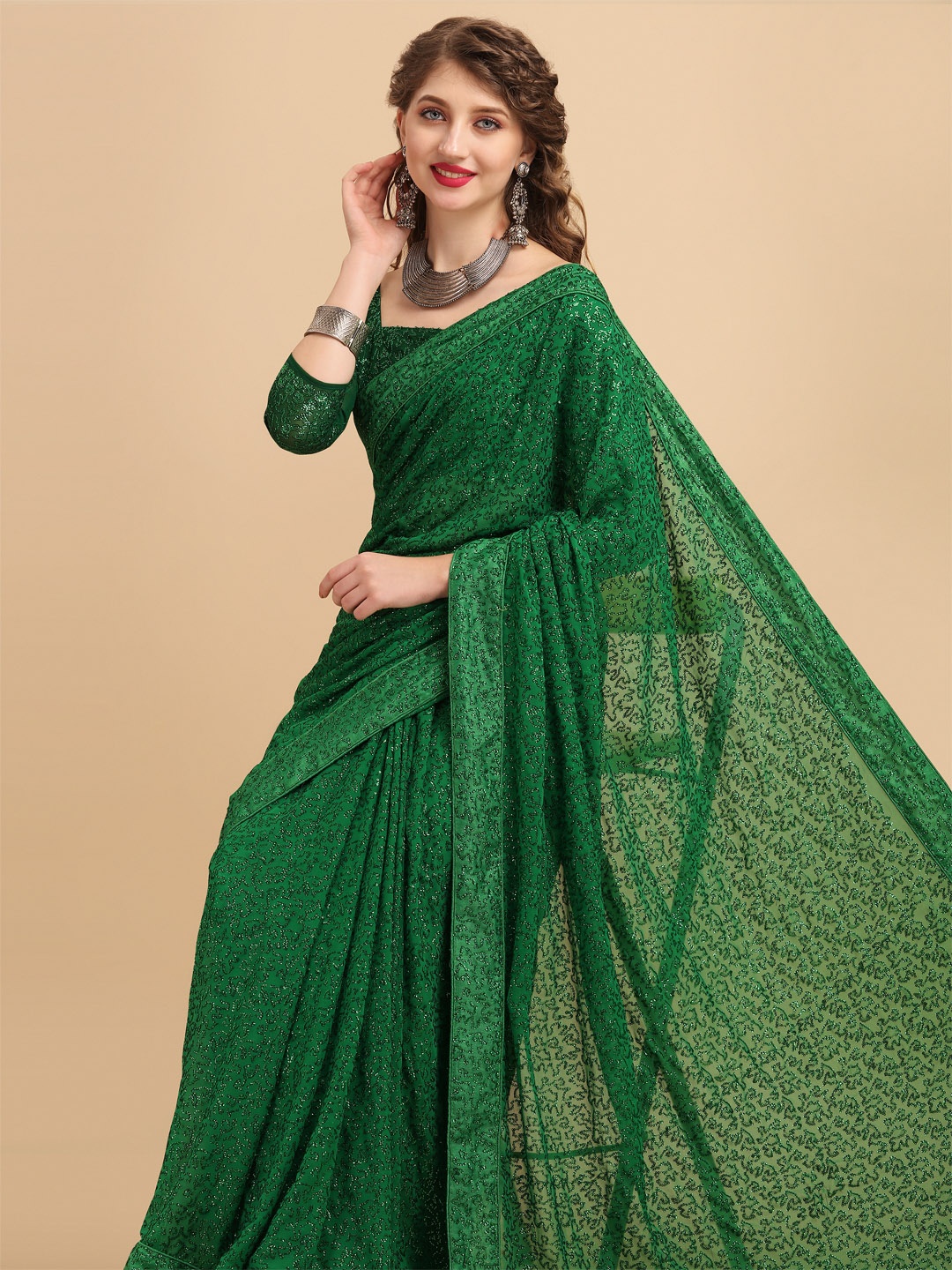 

Sangria Green Embellished Sequinned Pure Georgette Saree