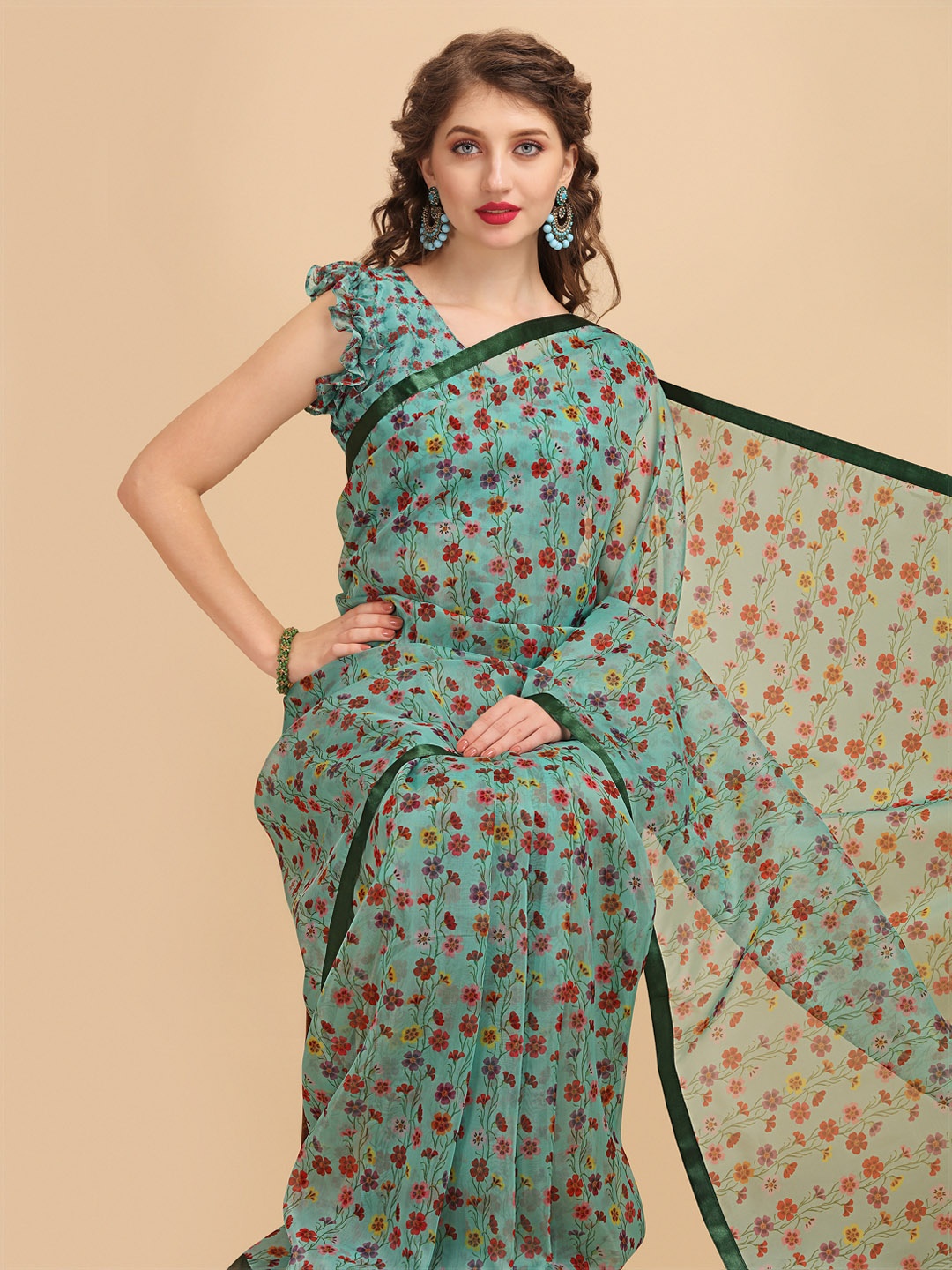 

Sangria Sea Green & Red Floral Organza Saree