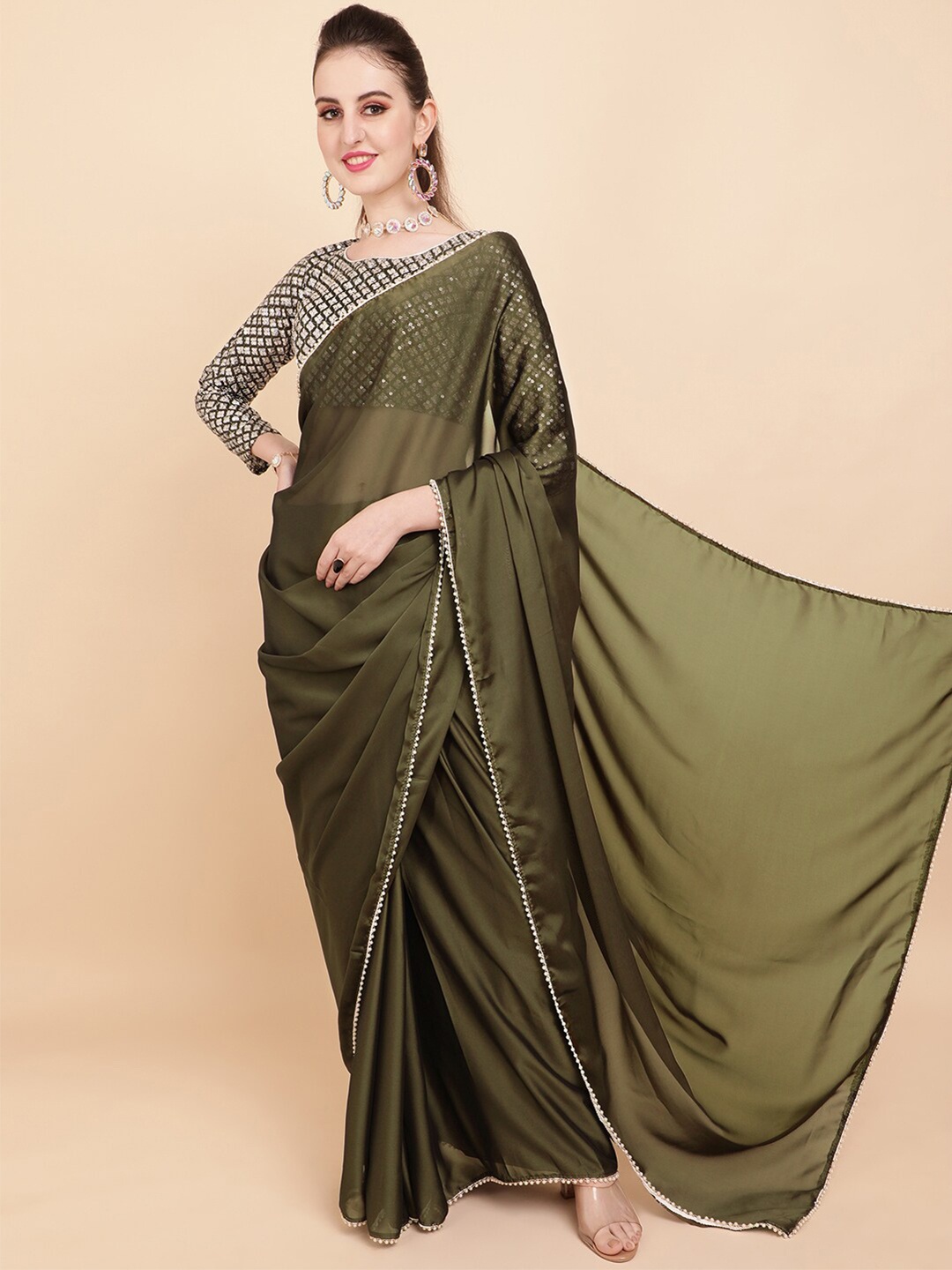 

Sangria Olive Green Sequinned Satin Saree