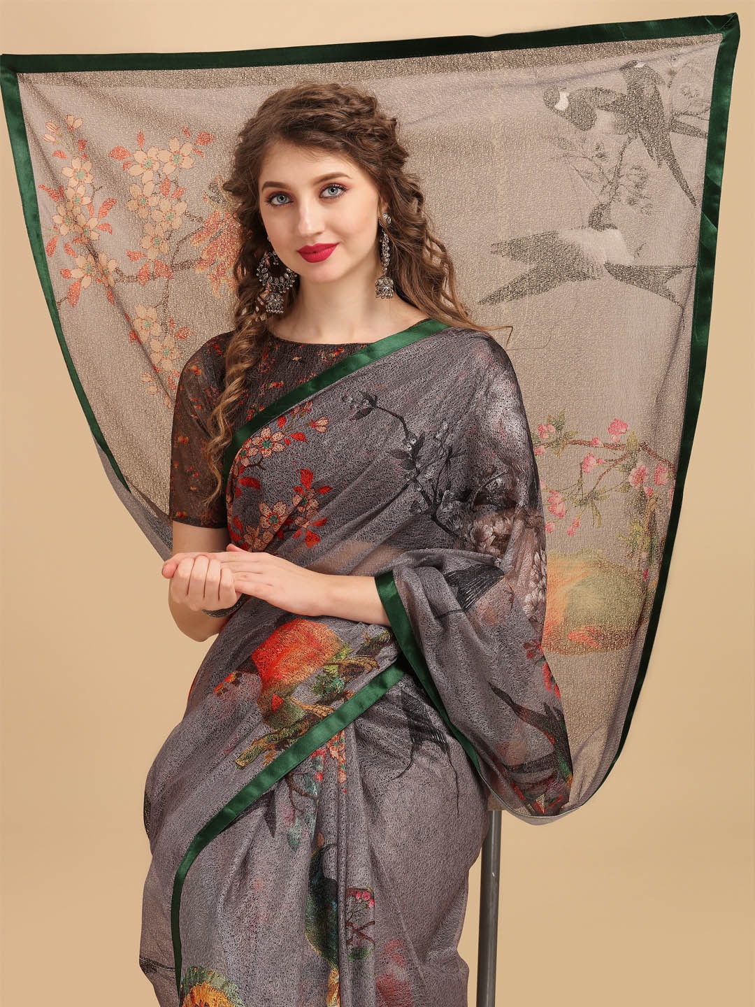 

Sangria Grey & Green Floral Lace Saree