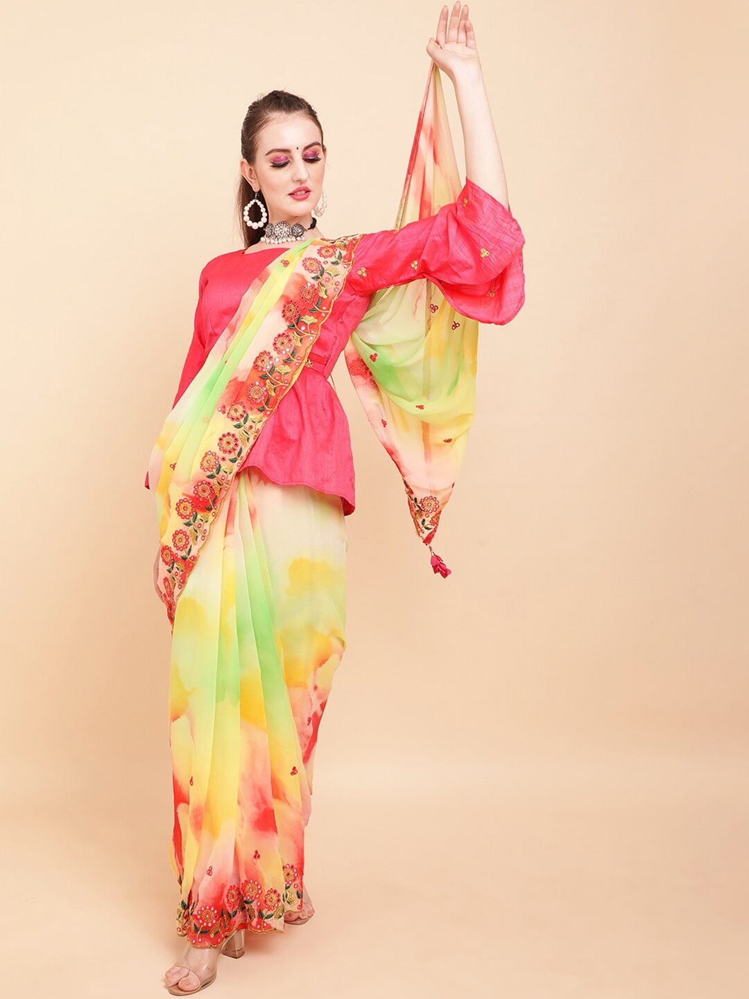 

Sangria Mustard & Red Floral Embroidered Pure Georgette Saree