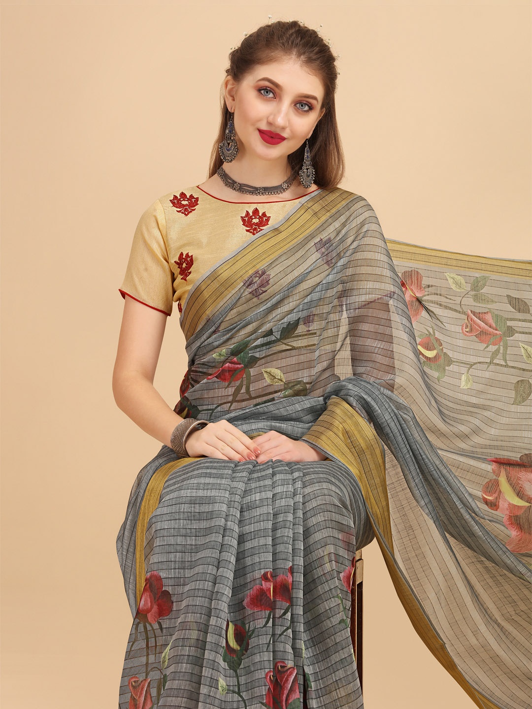 

Sangria Grey & Maroon Floral Pure Linen Saree