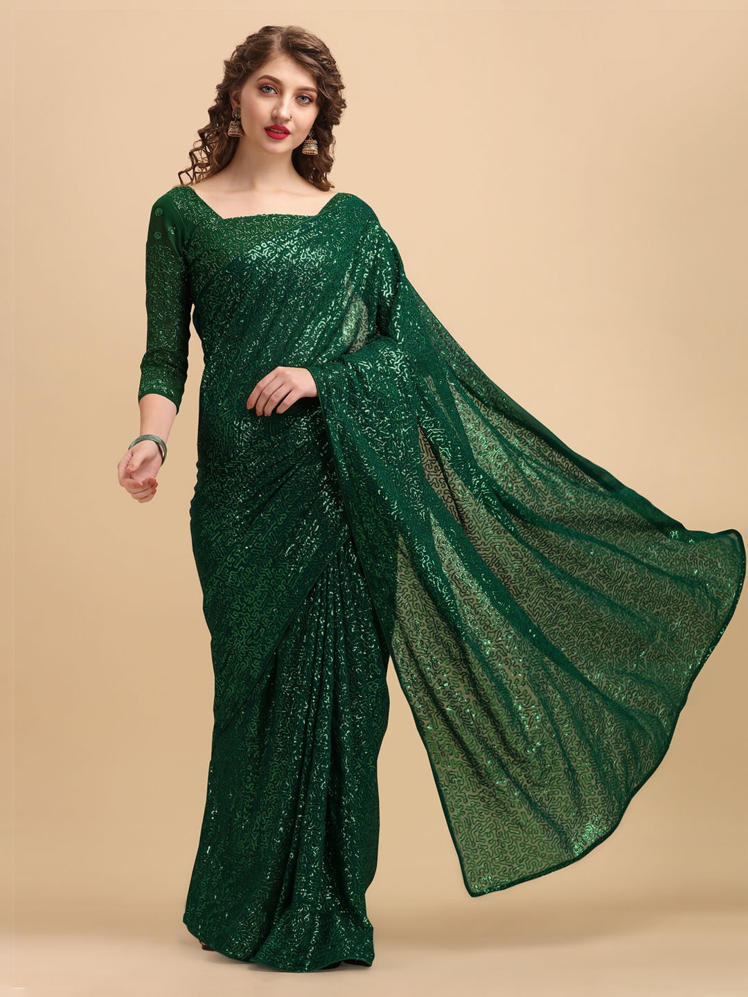 

Sangria Green Embellished Sequinned Pure Georgette Saree
