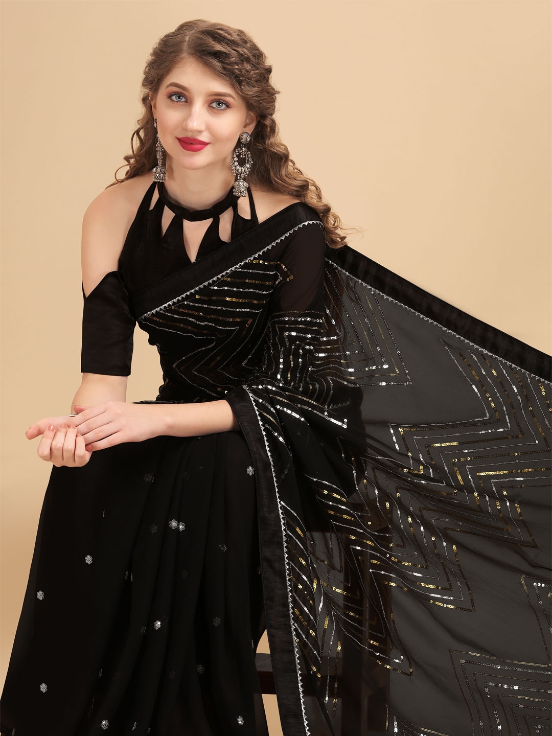 

Sangria Black Embellished Sequinned Pure Georgette Saree