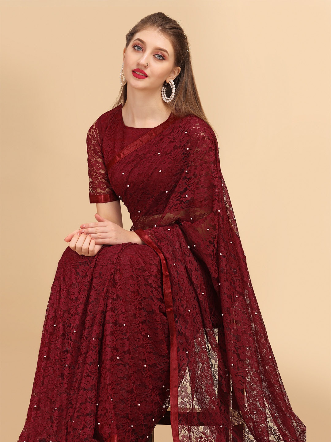 

Sangria Maroon Floral Self Design Lace Saree