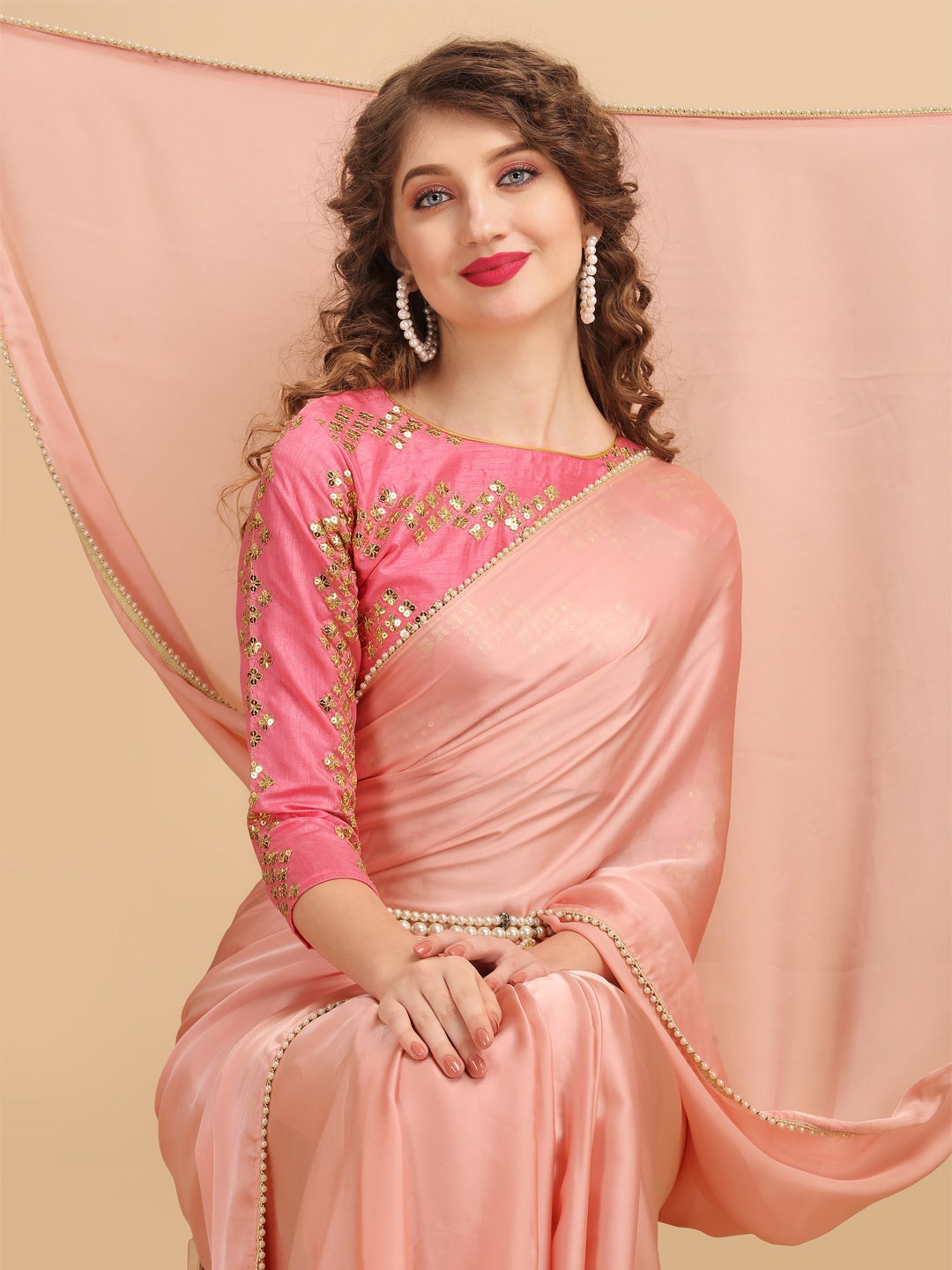 

Sangria Rose Embroidered Satin Saree