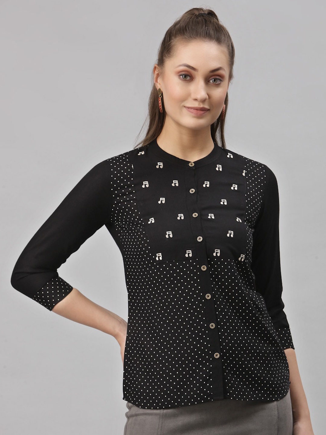 

Selvia Black Geometric Print Mandarin Collar Shirt Style Top