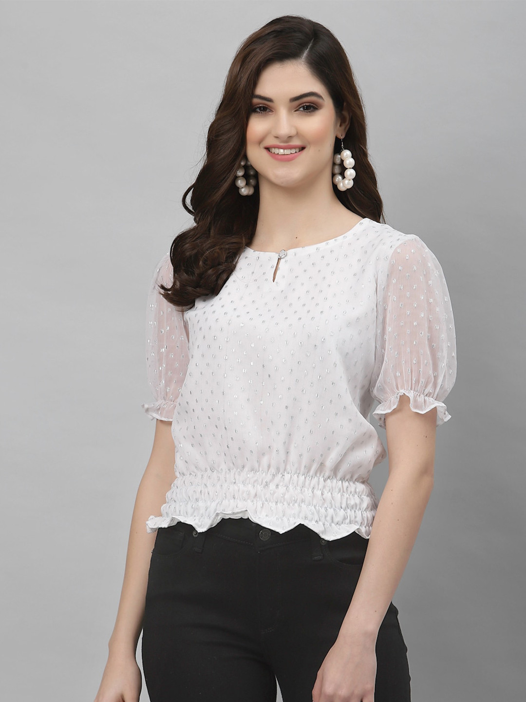 

Selvia White Keyhole Neck Net Top