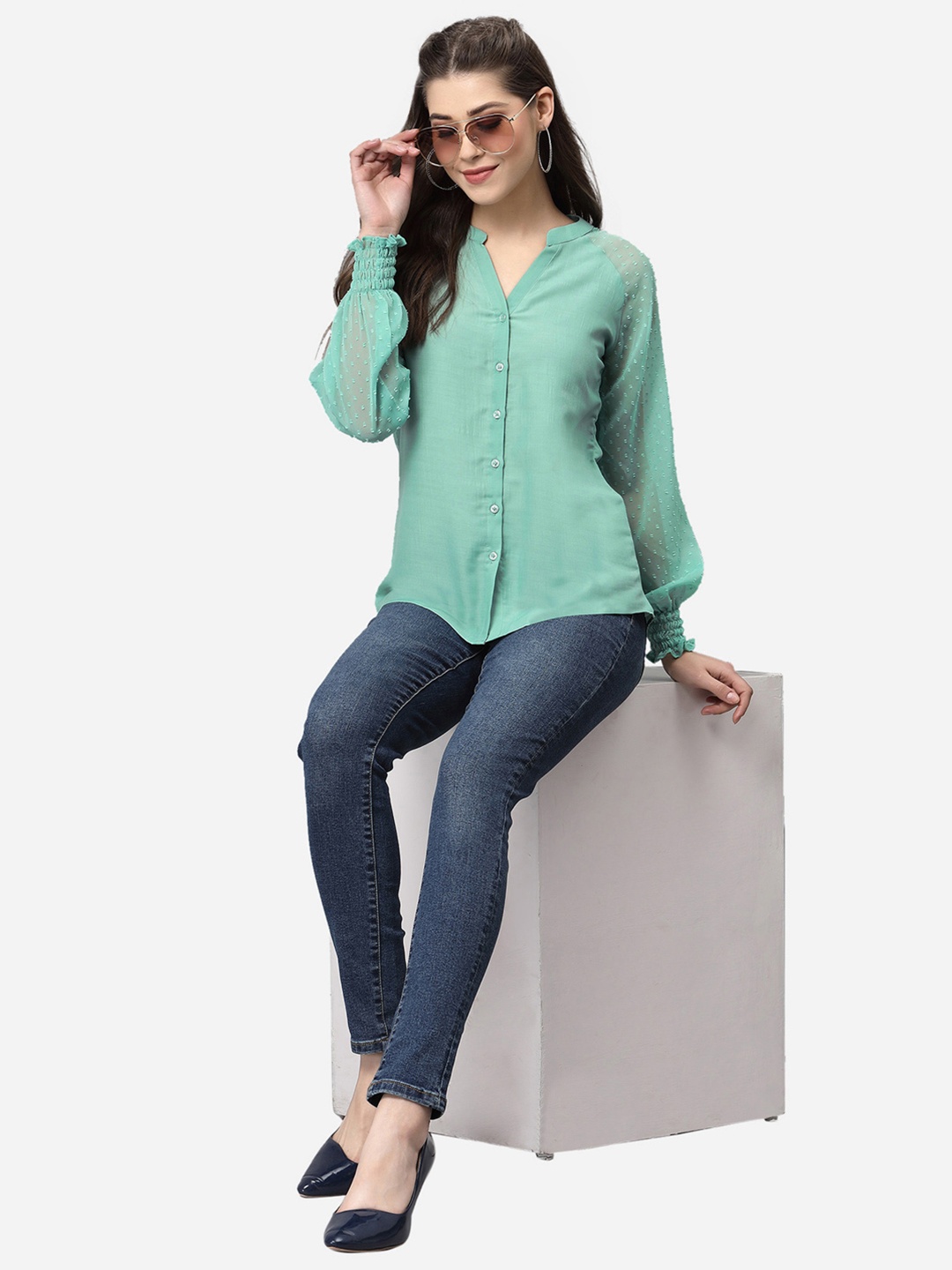 

Selvia Sea Green Mandarin Collar Net Shirt Style Top