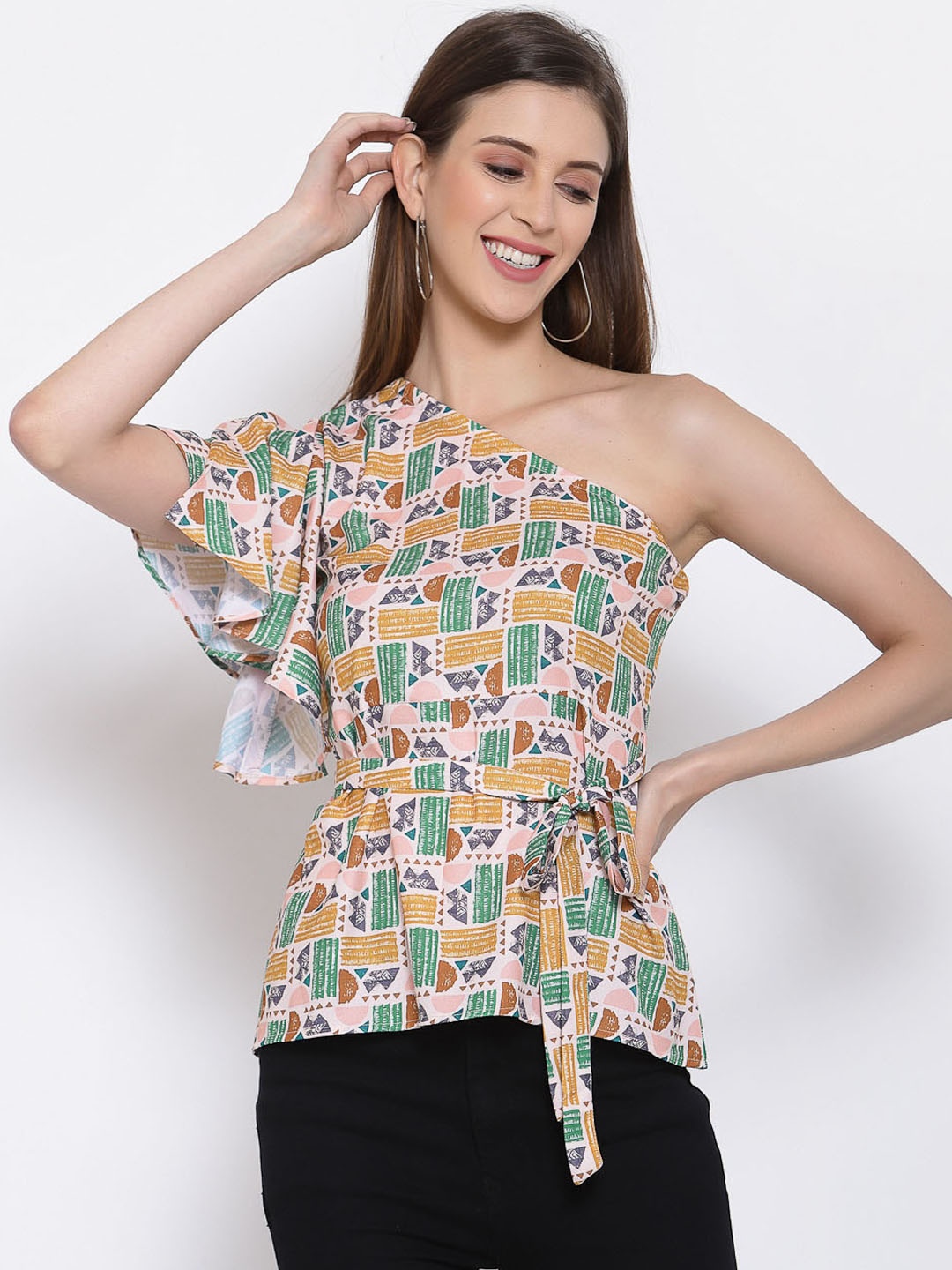 

Selvia Multicoloured Floral Print One Shoulder Ruffles Crepe Cinched Waist Top, Multi