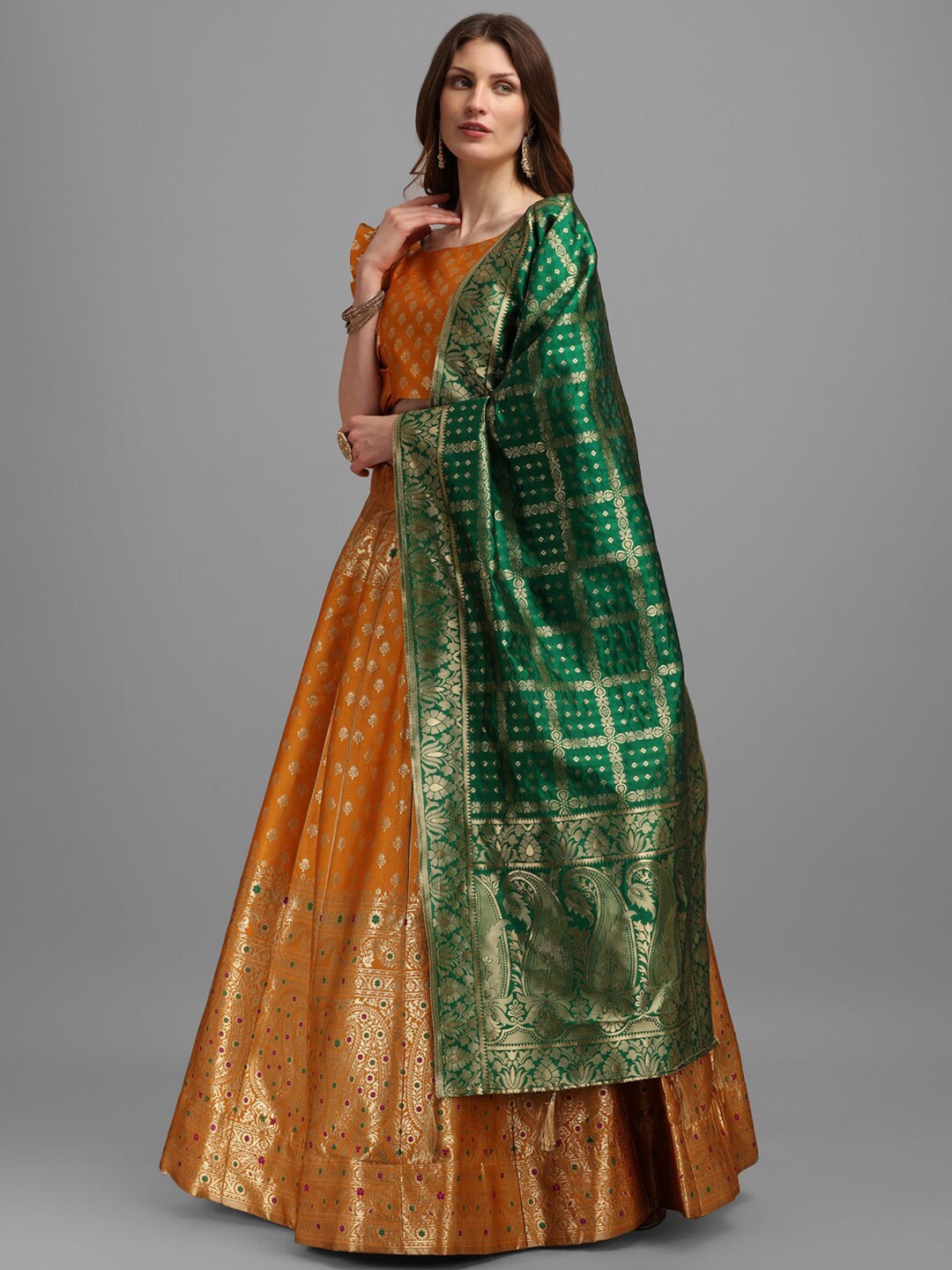 

PURVAJA Yellow & Green Semi-Stitched Lehenga & Unstitched Blouse With Dupatta