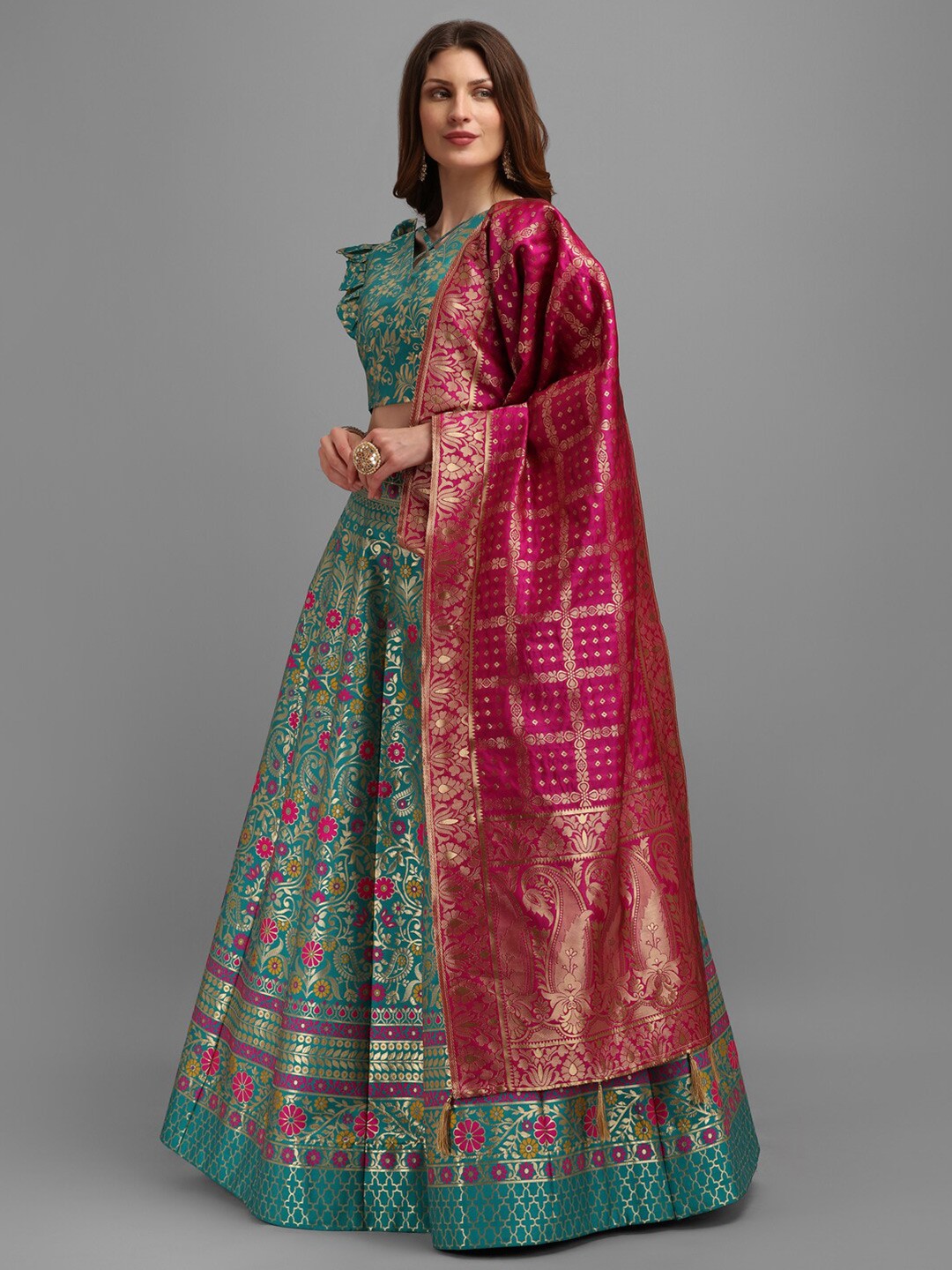

PURVAJA Sea Green & Pink Semi-Stitched Lehenga & Unstitched Blouse With Dupatta