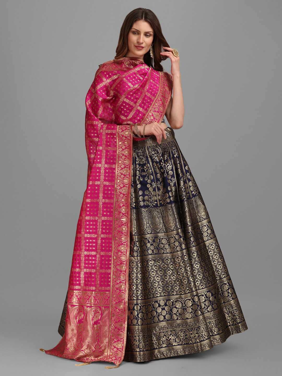 

PURVAJA Navy Blue & Pink Woven Design Semi-Stitched Lehenga & Unstitched Choli Dupatta