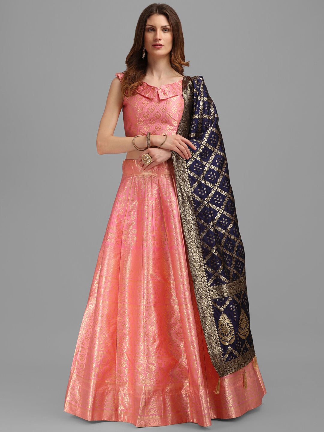 

PURVAJA Pink & Navy Blue Semi-Stitched Lehenga & Unstitched Blouse With Dupatta