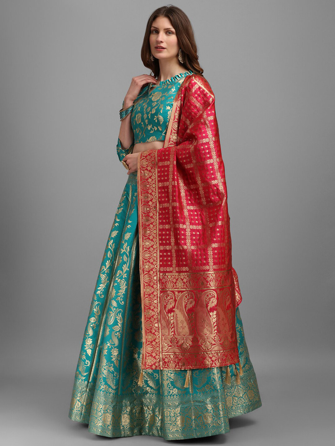 

PURVAJA Sea Green & Red Semi-Stitched Lehenga & Unstitched Blouse With Dupatta