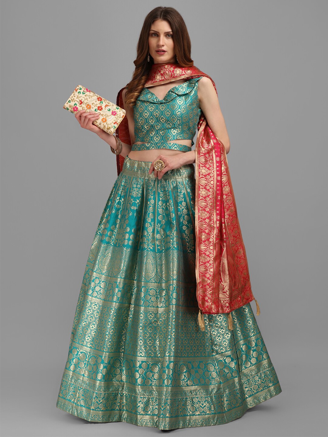 

PURVAJA Sea Green & Red Semi-Stitched Lehenga & Unstitched Blouse With Dupatta