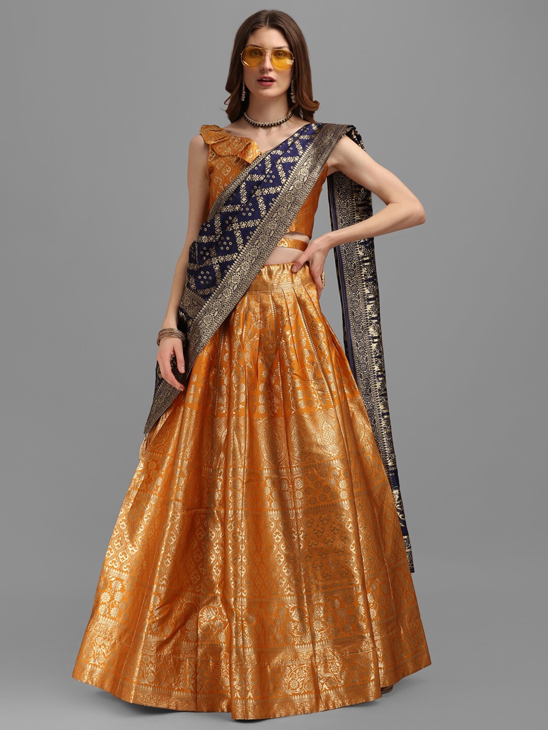 

PURVAJA Yellow & Navy Blue Semi-Stitched Lehenga & Unstitched Blouse With Dupatta