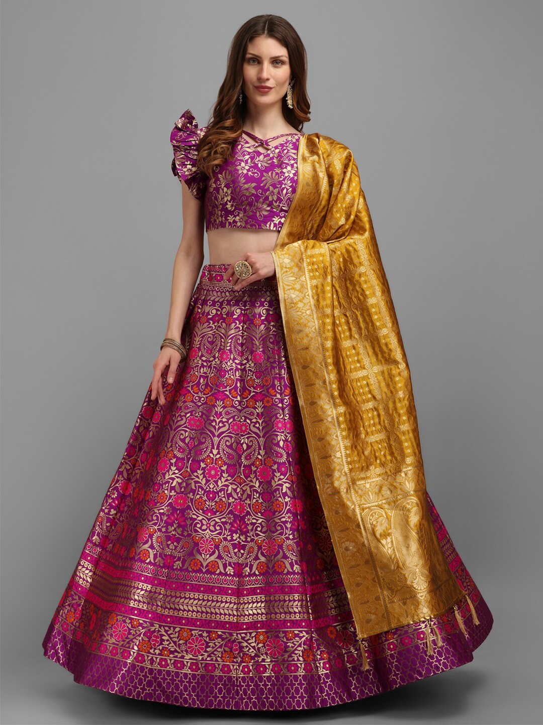 

PURVAJA Magenta & Gold-Toned Printed Semi-Stitched Lehenga & Unstitched Blouse With Dupatta
