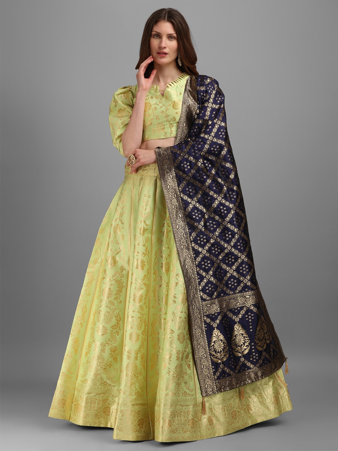 

PURVAJA Lime Green & Navy Blue Woven Semi-Stitched Lehenga & Unstitched Choli Dupatta