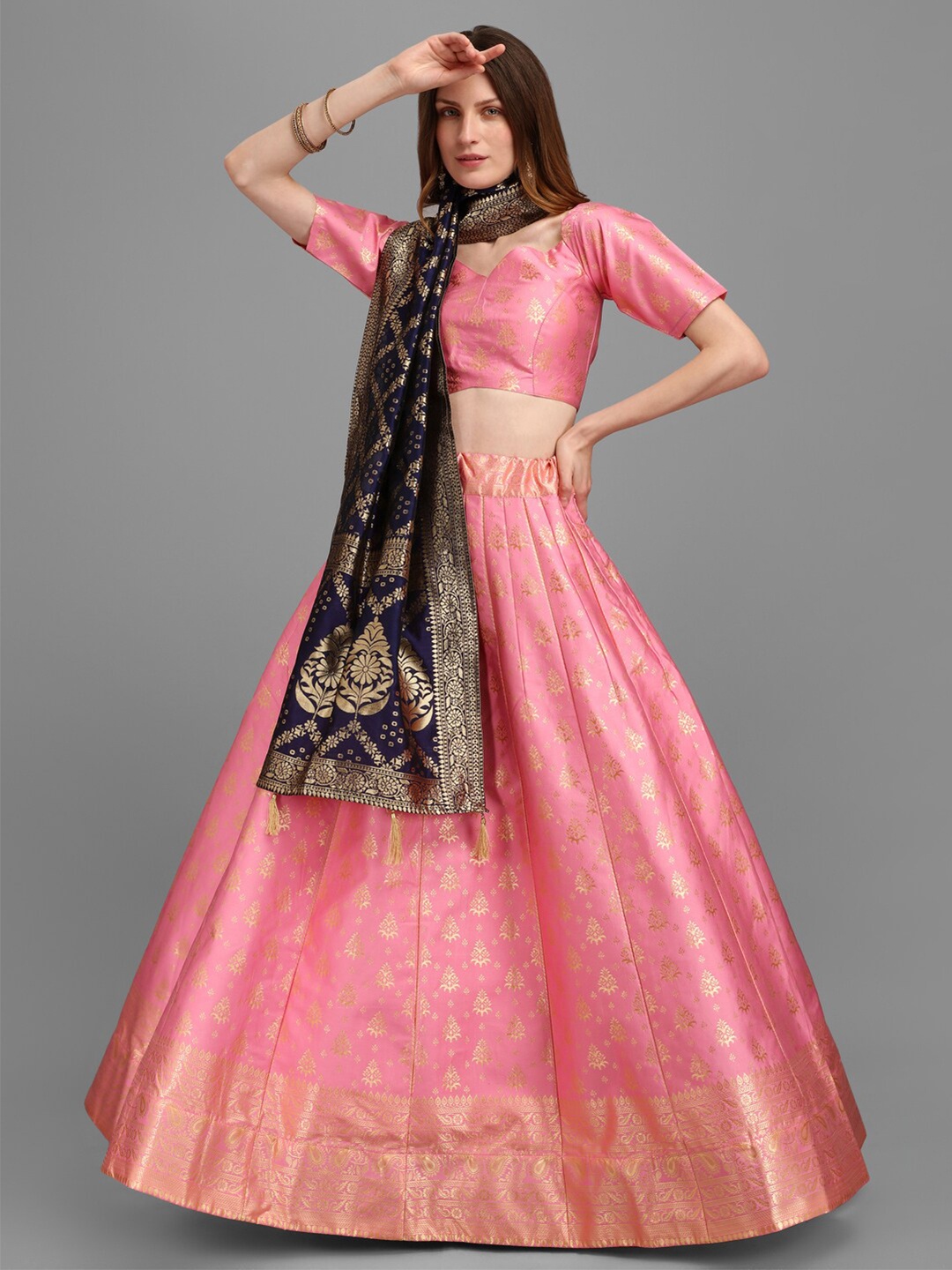 

PURVAJA Pink & Navy Blue Semi-Stitched Lehenga & Unstitched Blouse With Dupatta