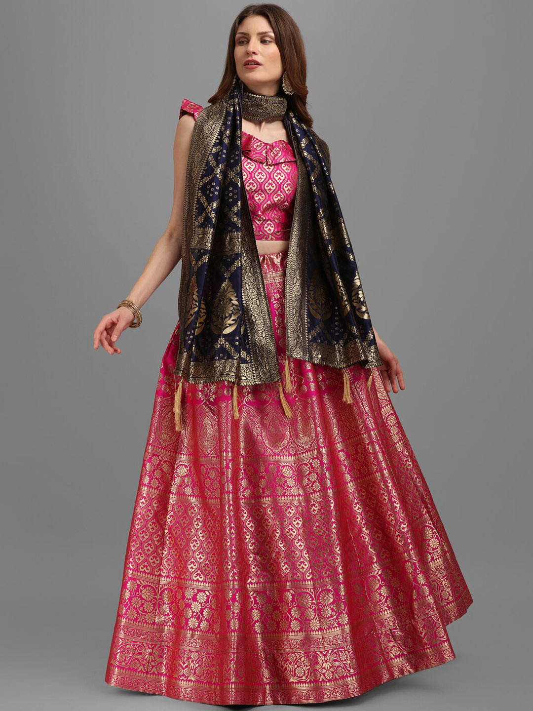 

PURVAJA Rose & Navy Blue Semi-Stitched Lehenga & Unstitched Blouse With Dupatta