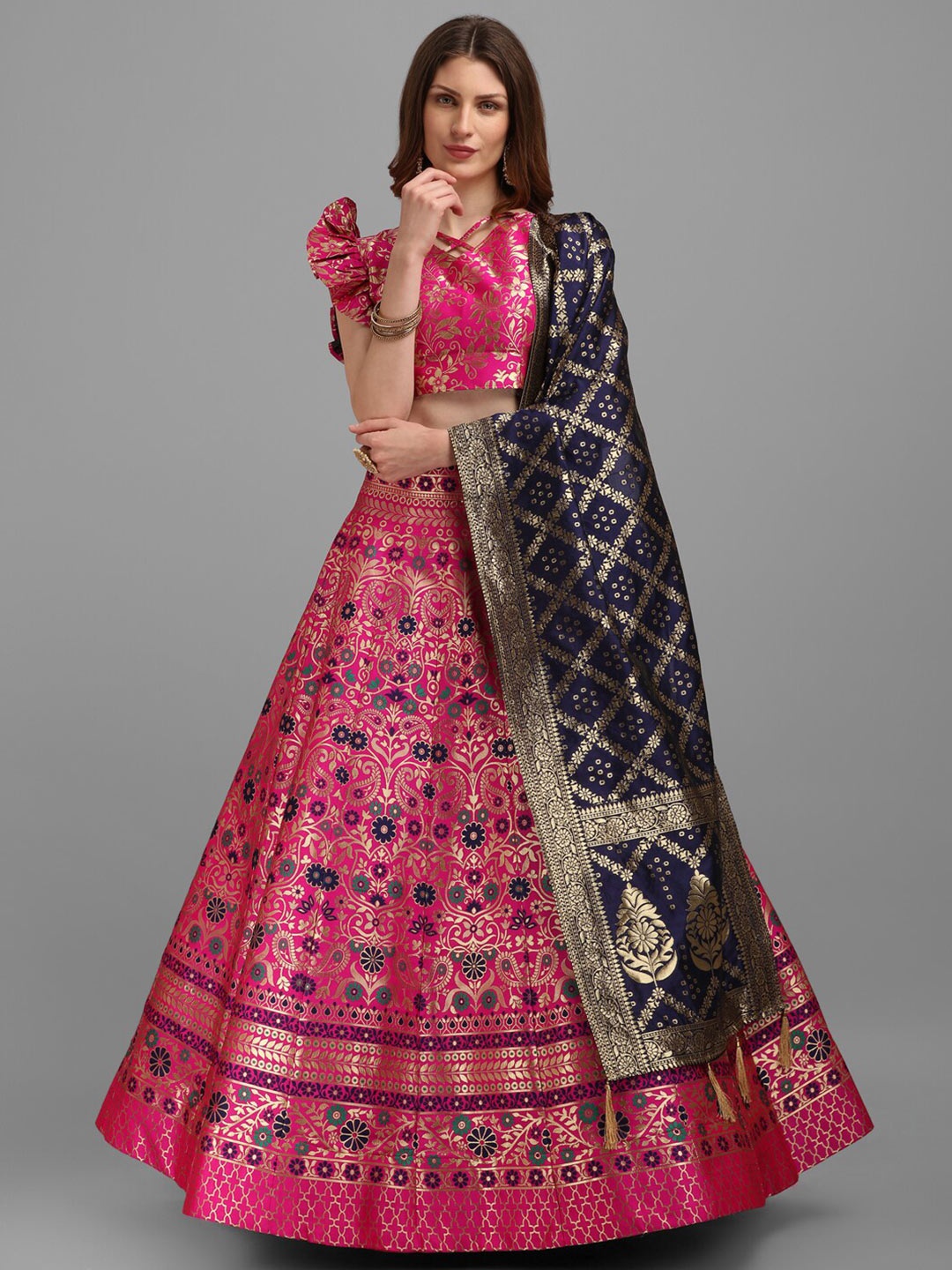 

PURVAJA Pink & Navy Blue Semi-Stitched Lehenga & Unstitched Blouse With Dupatta