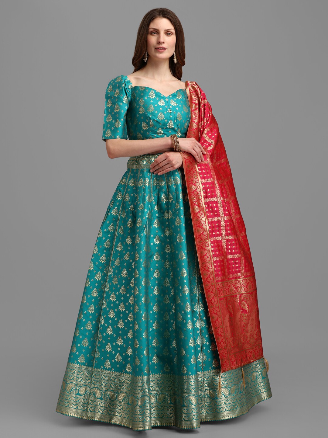 

PURVAJA Sea Green & Red Semi-Stitched Lehenga & Unstitched Blouse With Dupatta