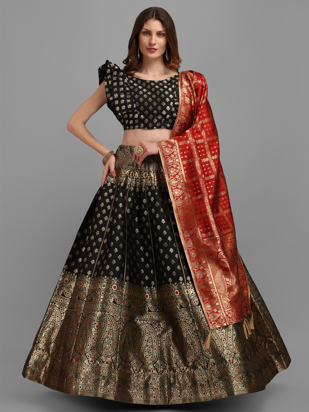 

PURVAJA Black & Red Semi-Stitched Lehenga & Unstitched Blouse With Dupatta