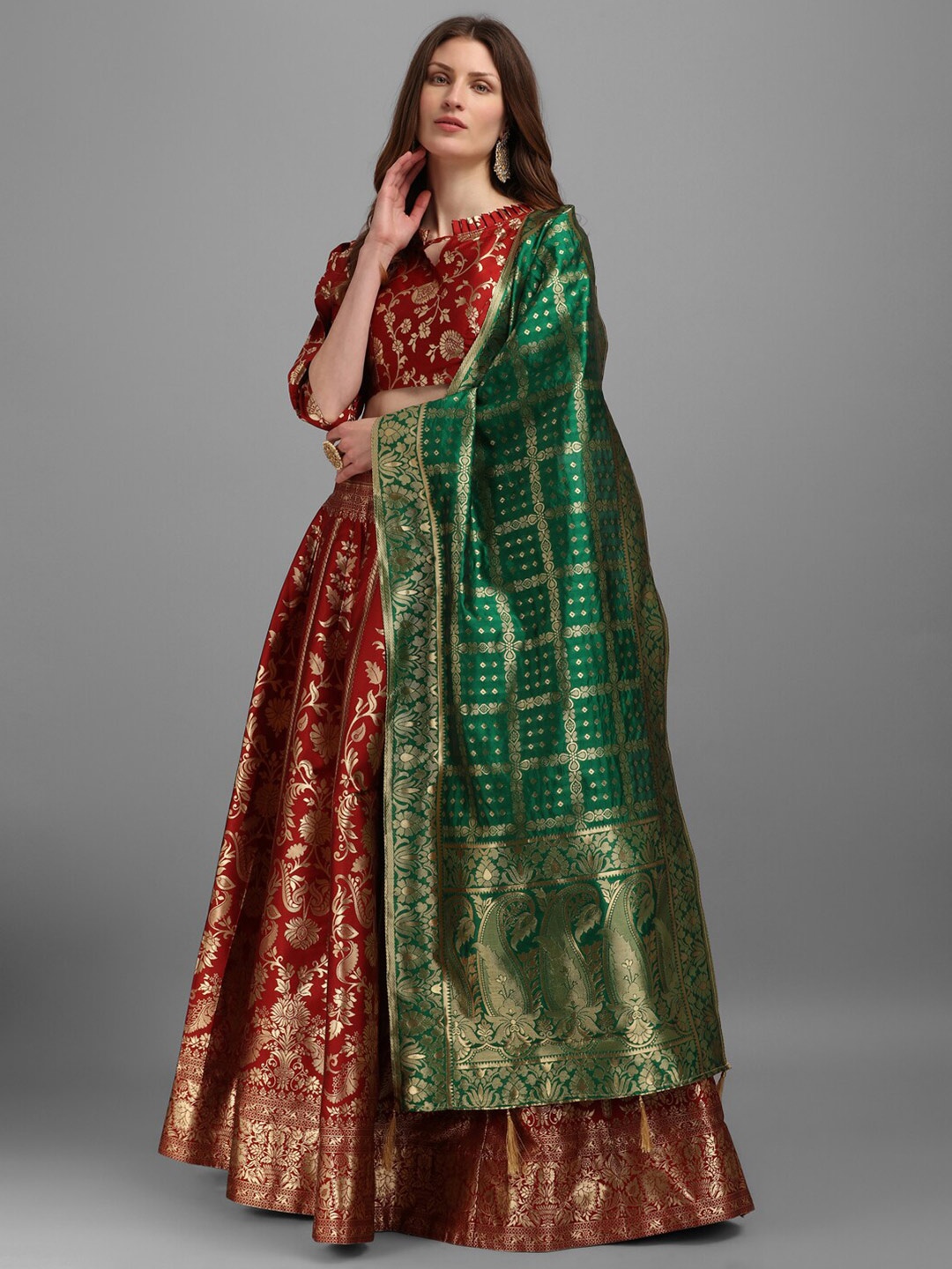 

PURVAJA Maroon & Green Zardozi Semi-Stitched Lehenga & Unstitched Blouse With Dupatta