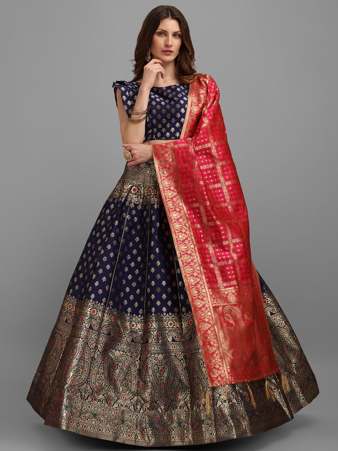 

PURVAJA Navy Blue & Red Semi-Stitched Lehenga & Unstitched Blouse With Dupatta