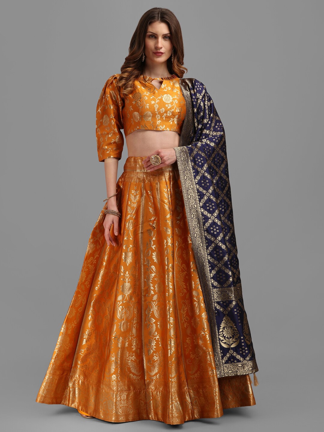 

PURVAJA Yellow & Navy Blue Semi-Stitched Lehenga & Unstitched Blouse With Dupatta