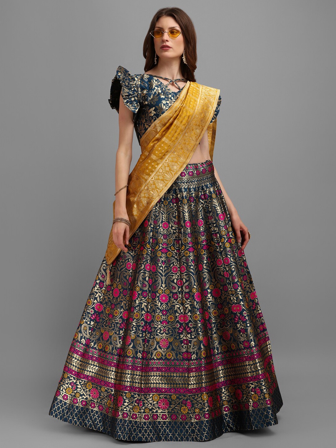 

PURVAJA Teal & Mustard Semi-Stitched Lehenga & Unstitched Blouse With Dupatta