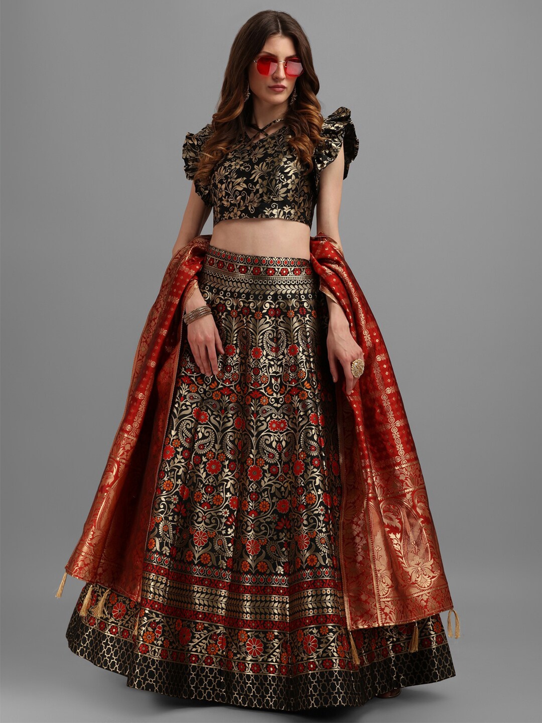 

PURVAJA Black & Gold Woven Design Semi-Stitched Lehenga & Unstitched Choli With Dupatta