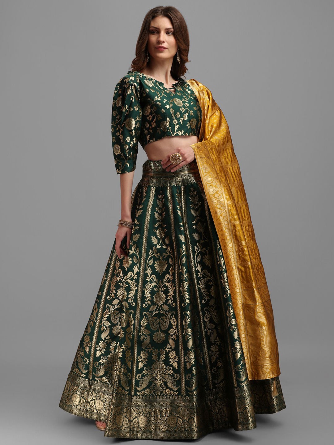 

PURVAJA Green & Mustard Semi-Stitched Lehenga & Unstitched Blouse With Dupatta