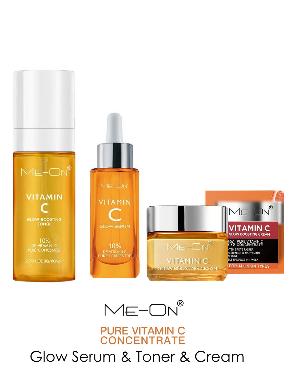 

ME-ON Set of 10% Vitamin C Glow Boosting Toner 80ml + Face Serum 30ml + Face Cream 50g, Orange