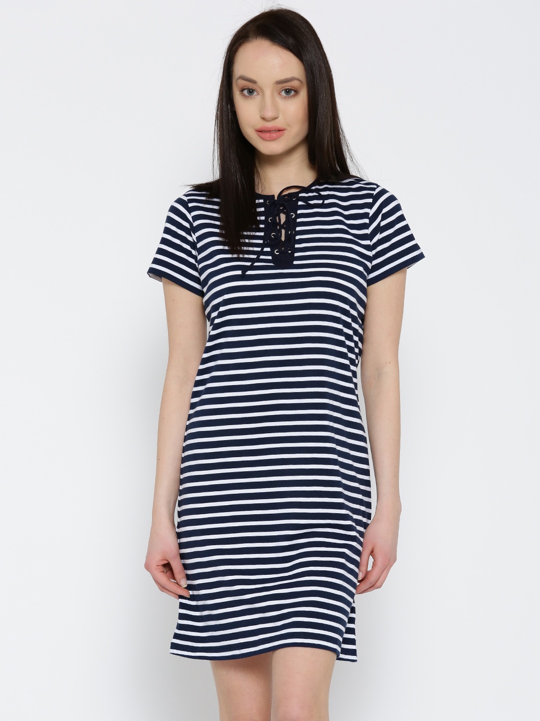 

Miss Chase Women Navy & White Striped Shift Dress, Navy blue